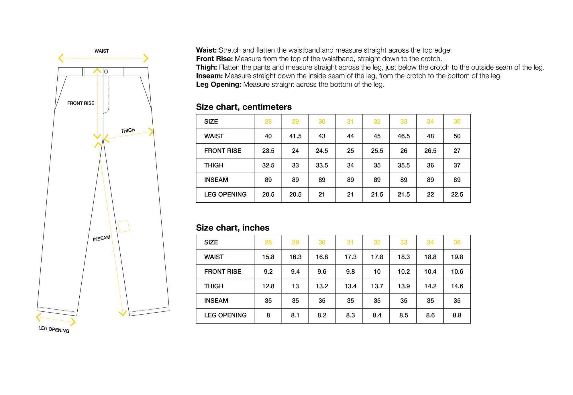 Size chart for Forever Pants, with waist, front rise, thigh, inseam, and leg opening in cm and in, plus a reference diagram.