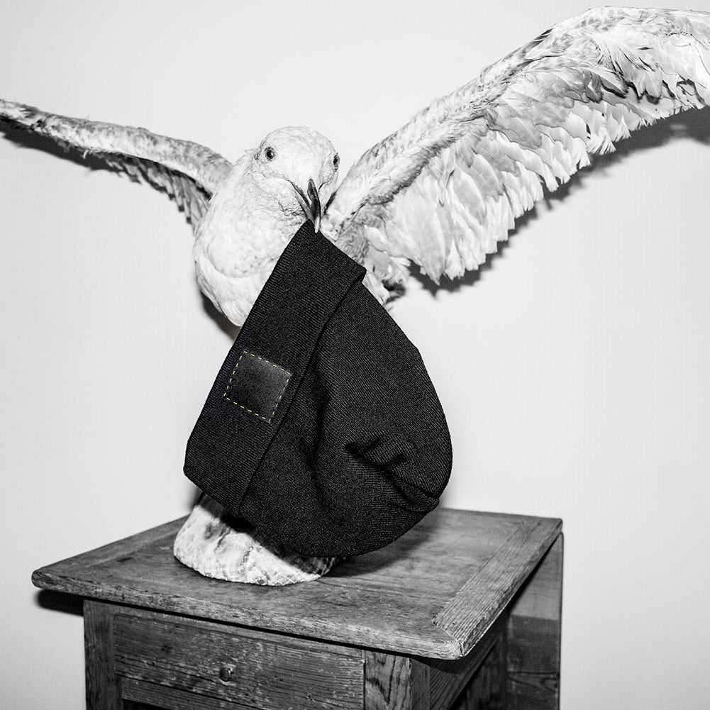 A taxidermy bird holding åäö’s Beanie in its beak, showcasing the beanie’s refined texture and unique presentation.