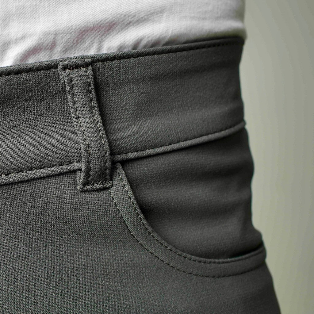 Close-up of the front of The Pants by åäö in Rainy Day Grey, highlighting the meticulous stitching and attention to detail.